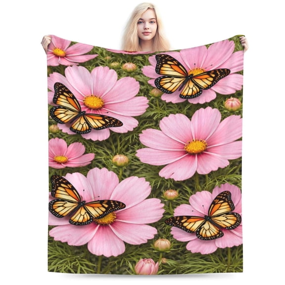 Pink Cosmos Butterfly Blanket, Monarch Floral Garden Throw, Spring Botanical Fleece Blanket for Mother’s Day Home Decor Gift 50x40