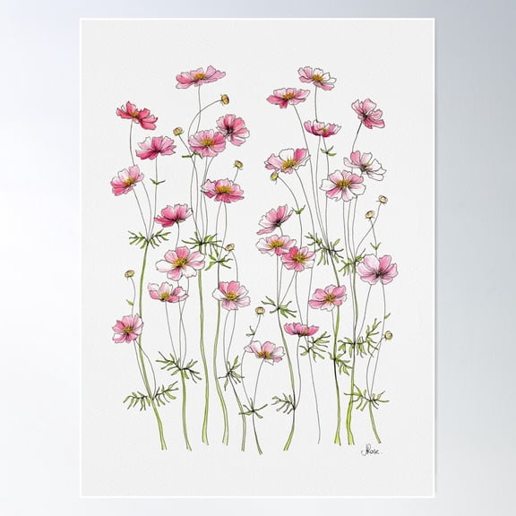 Pink Cosmos Flowers Poster Wall Art, Modern Wall Decor For Living Room Bedroom, 24x36 UNFRAMED