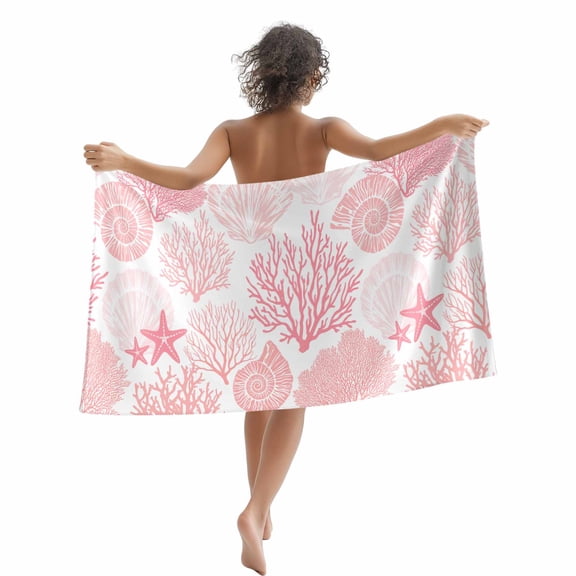 Pink Costal Ocean Beach Towels Blanket Soft&Absorbent Quick Dry Microfiber Coral Starfish Shell Pool Towels for Swimming ,Yoga, Sports, Gym, Camping,Large 30X60in, White