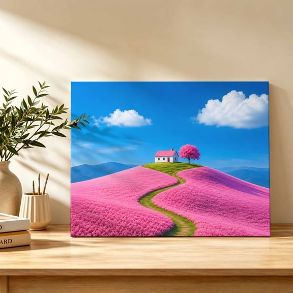 Pink Cottage Canvas Wall Art, Cherry Blossom Tree Pink Field Path Clouds Wall Art Prints Artwork Framed Canvas Ready to Hang Art Pictures for Bathroom Bedroom Entry Desk Corner 10" x 8"