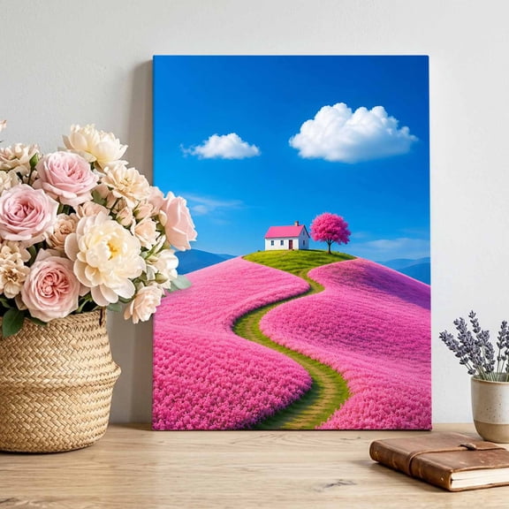 Pink Cottage Canvas Wall Art for Living Room, Cherry Blossom Tree Pink Field Path Clouds Wall Decor Framed Artwork Pictures Ready to Hang for Bedroom Office Home Decor 12x18 Inch