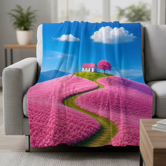 Pink Cottage Fleece Throw Blanket Cherry Blossom Tree Pink Field Path Clouds Ultra Soft Fuzzy Cozy Flannel Throw Blanket for Couch Sofa Bed Car Travel, Ideal Gifts 30x40 Inches