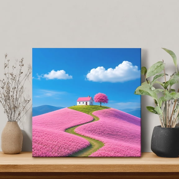 Pink Cottage Framed Canvas Wall Art, Cherry Blossom Tree Pink Field Path Clouds Wall Art Painting for Living Room Bedroom Home Decor, 8”x8”, Office Artwork Print