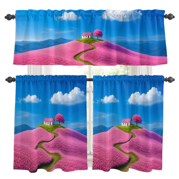 Pink Cottage Kitchen Curtains and Valances Set, Cherry Blossom Tree Pink Field Path Clouds 3 Piece Curtains Valances and Tiers Set Rod Pocket for Kitchen Bathroom Windows 24 Inch
