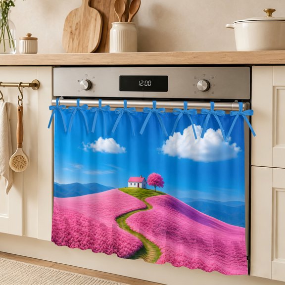 Pink Cottage Oven Skirt Curtain Tie Top Cherry Blossom Tree Pink Field Path Clouds Oven Door Curtain Dishwasher Cover Stove Skirt with 8 Ribbon Ties for Kitchen Decor 32x24 Inch