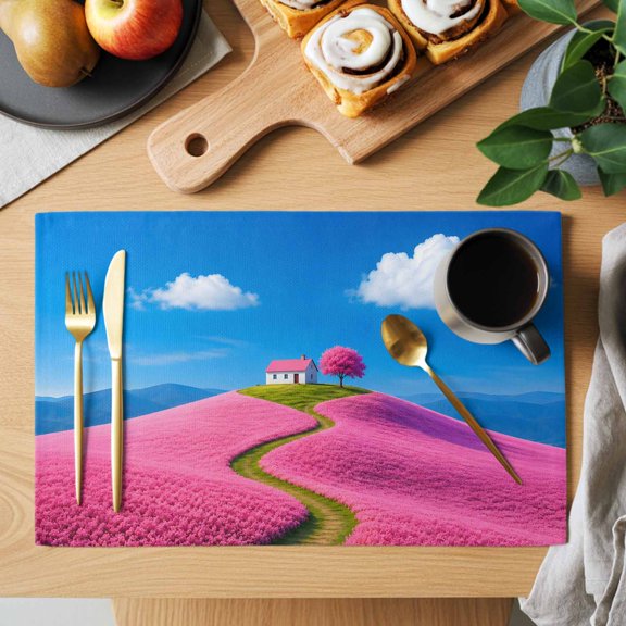 Pink Cottage Placemats Set of 1, Cherry Blossom Tree Pink Field Path Clouds Non-Slip Place Mats Washable Table Mats for Kitchen Dining Table Decorations Indoor/Outdoor