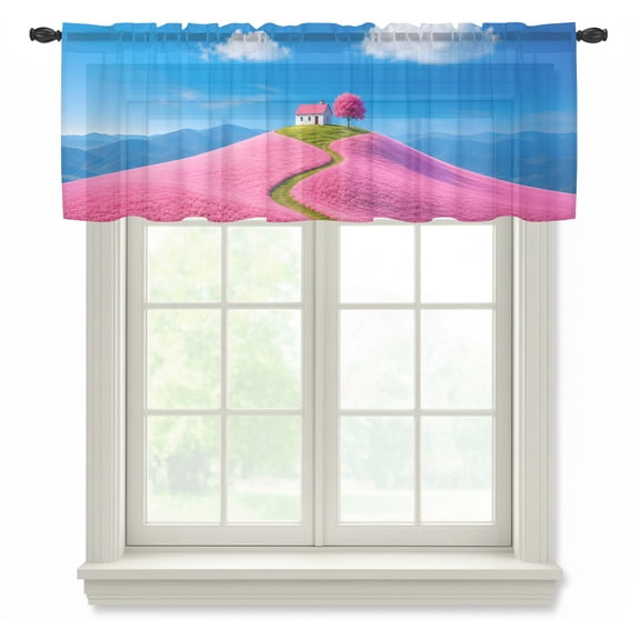 Pink Cottage Sheer Valances for Windows, Cherry Blossom Tree Pink Field Path Clouds Semi Sheer Kitchen Valance Rod Pocket Small Voile Window Curtains for Living Room Bedroom 54 x 18 Inch