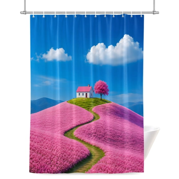 Pink Cottage Shower Curtains for Bathroom, Cherry Blossom Tree Pink Field Path Clouds Waterproof Fabric Shower Curtain for Bathroom Bathtub Decoration, Machine Washable 36"x72"