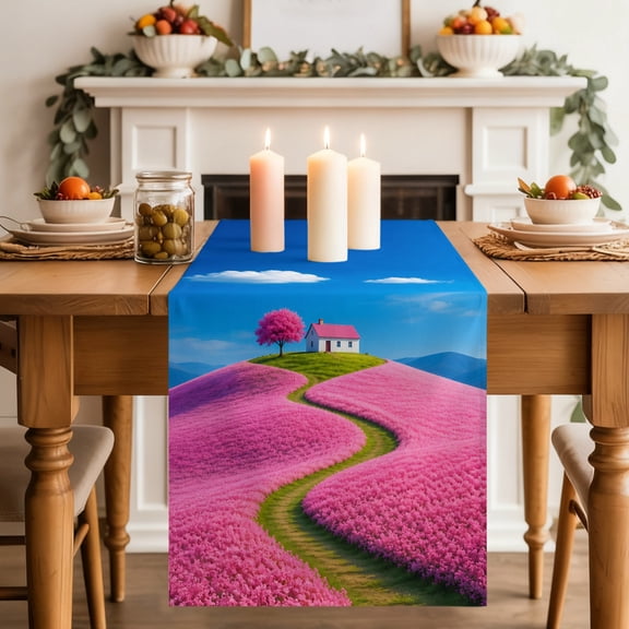Pink Cottage Table Runner, Cherry Blossom Tree Pink Field Path Clouds Washable Cotton-linen Table Runners Dining Kitchen Decoration for Everyday Home Wedding Party Decor, 13 x 36 Inch