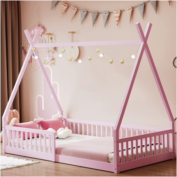 Pink Cottage Twin Bed with Playhouse Roof & Safety Rail, Vintage Washed Finish House Frame for Imaginative Play