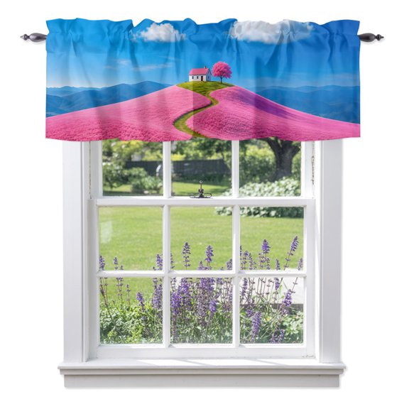 Pink Cottage Window Valance for Kitchen, Cherry Blossom Tree Pink Field Path Clouds Rod Pocket Short Curtains for Small Windows, Light Filtering Decorative Valances, 42 x 12 Inches