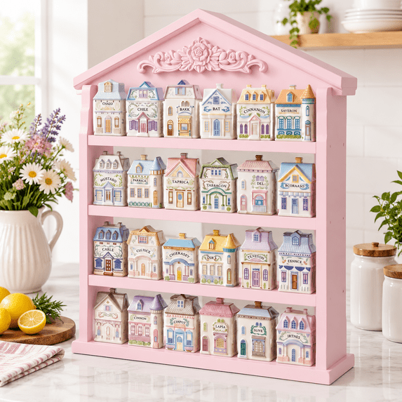 Pink Cottagecore Wooden Spice Rack with Drawer for 24 Jars, Wall ...