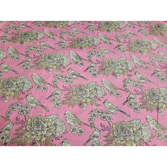 Pink Cotton Bird Fabric Indian Sanganeri Upholstery Women Dressmaking Craft Yard
