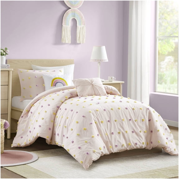 Pink Cotton Jacquard Pom Pom Twin Twin XL 4-Piece Comforter Set For Bedroom