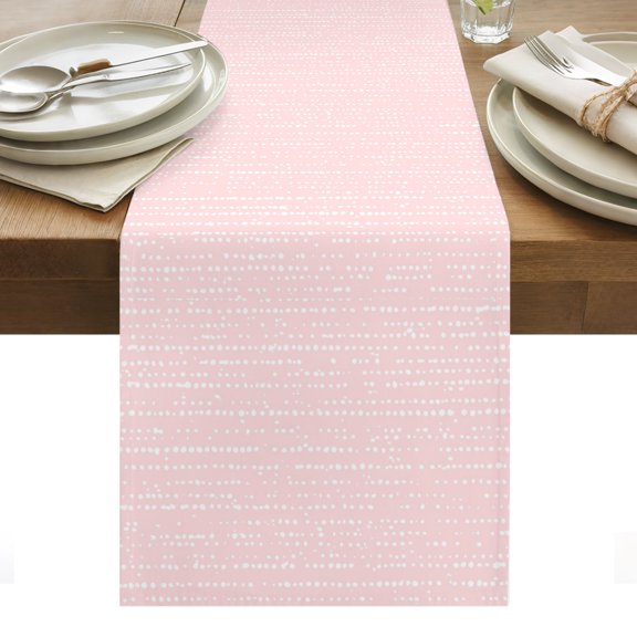 Pink Cotton Linen Table Runner White Dots and Lines Fiber Abstract Art Minimalist Dining Table Runners for Home Decor Party Dining Room Restaurant Kitchen Party 13" x 36"