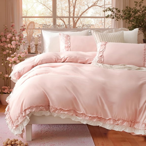 Pink Cotton Ruffled Duvet Cover Set Queen, Vintage Shabby Chic Farmhouse Bedding Set Coquette Aesthetic French Country Comforter Cover