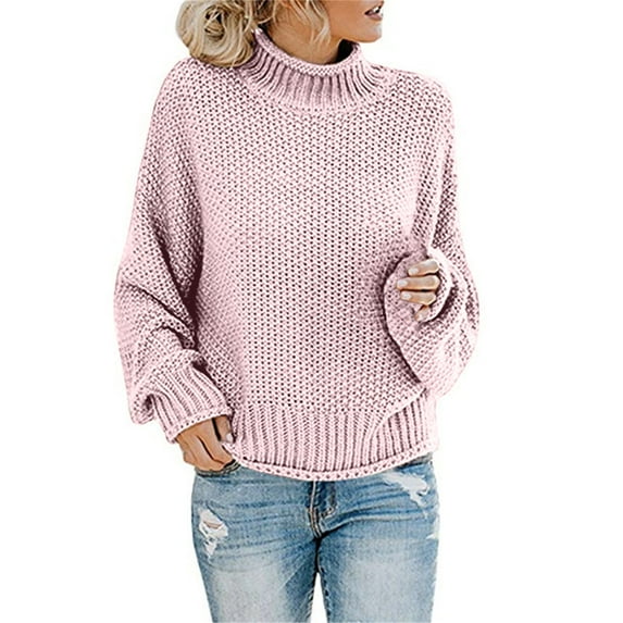 Pink Cotton Tops Turtleneck Big & Tall Women's Pullover Sweater, Women's Knitted Sweater Women's Clothing Thick Thread High Neck Pullover Sweater Women