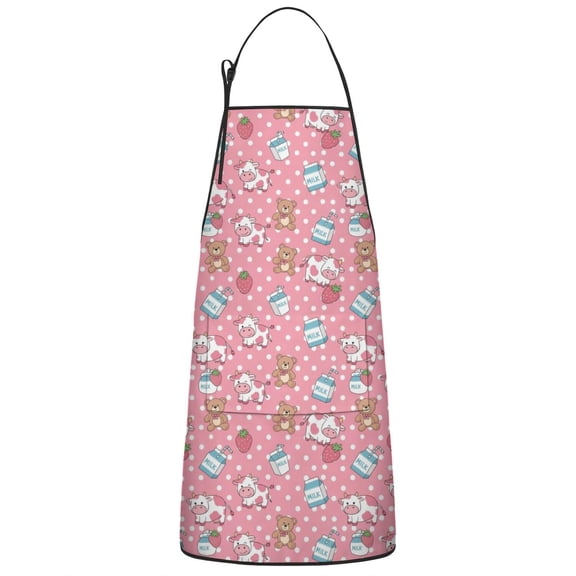 Pink Cow Bear Strawberry Pattern Apron-Garden Aprons for Women with Pockets-Cotton Linen Waterproof Kitchen Cooking Gardening Aprons Adjustable for Kitchen,Cooking,BBQ and Salon 33x27 Inch