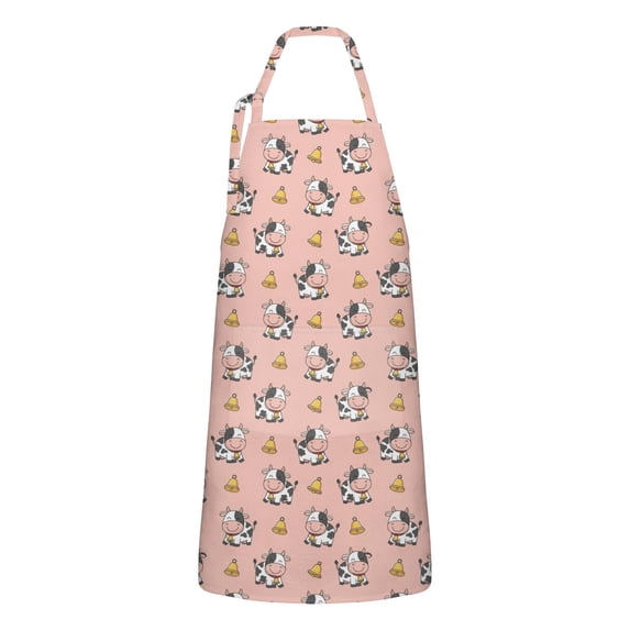 Pink Cow Bell Pattern Apron-Garden Aprons for Women with Pockets-Cotton Linen Waterproof Kitchen Cooking Gardening Aprons Adjustable for Kitchen,Cooking,BBQ and Salon 33x27 Inch