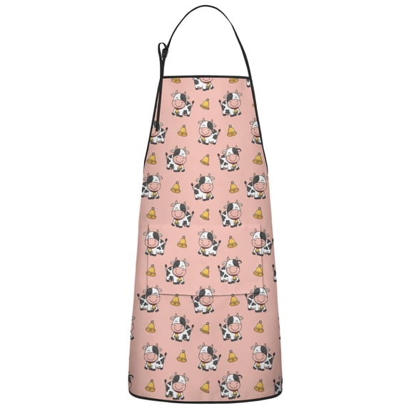 Pink Cow Bell Pattern Apron-Garden Aprons for Women with Pockets-Cotton Linen Waterproof Kitchen Cooking Gardening Aprons Adjustable for Kitchen,Cooking,BBQ and Salon 33x27 Inch