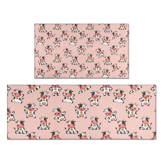 Pink Cow Bell Pattern Kitchen Rugs Sets Of 2,Anti Fatigue Kitchen Mat Rugs Non Slip Washable,Decorative Kitchen Floor Mats for Kitchen,Sink,Laundry,17"x30"+17"x47"