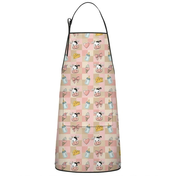 Pink Cow Checkered Pattern Apron-Garden Aprons for Women with Pockets-Cotton Linen Waterproof Kitchen Cooking Gardening Aprons Adjustable for Kitchen,Cooking,BBQ and Salon 33x27 Inch
