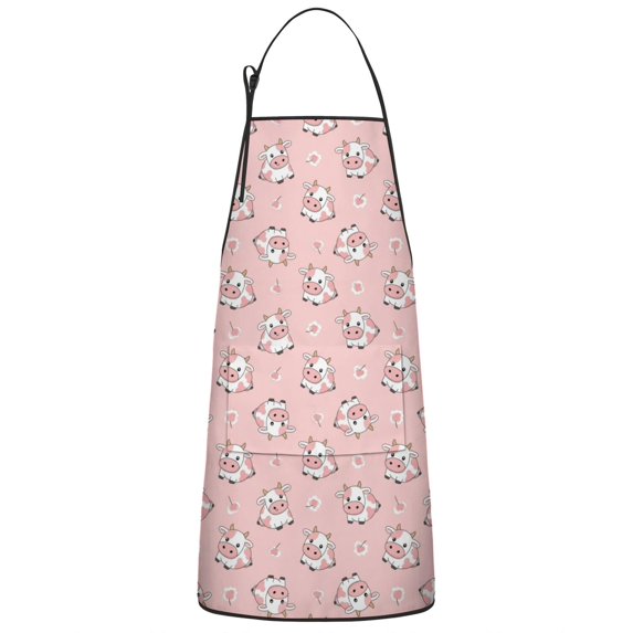 Pink Cow Cherry Pattern Apron-Garden Aprons for Women with Pockets-Cotton Linen Waterproof Kitchen Cooking Gardening Aprons Adjustable for Kitchen,Cooking,BBQ and Salon 33x27 Inch