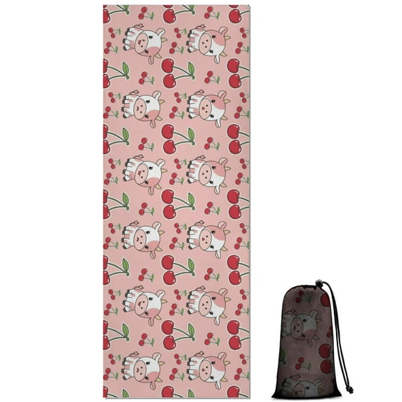 Pink Cow Cherry Pattern Hot Yoga Mat Towel Non Slip for Hot Yoga - Quick-Drying Yoga Mat Cover with 4 Corner Pockets with Travel Bag - Hot Yoga Towel Non Slip Grip Moisture Wicking Sweat 70"x26"