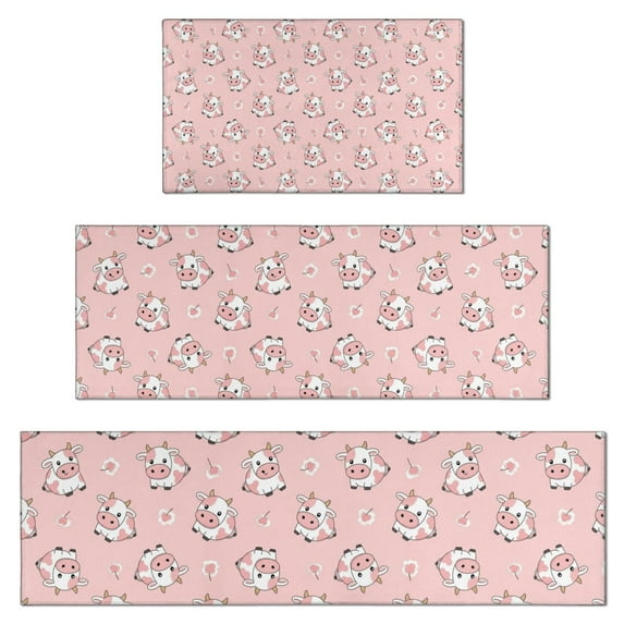 Pink Cow Cherry Pattern Kitchen Rugs Sets Of 3,Kitchen Runner Rugs Non Skid Washable,Decorative Kitchen Floor Mats for Kitchen,Sink,Laundry,17"x30"+ 17"x47" + 17"x59"