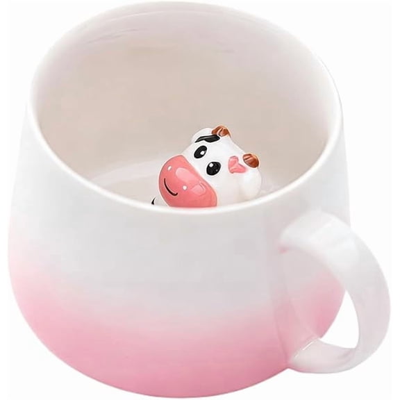 Pink Cow Cute Mug 3D Animal Figurine Inside Mug Handmade Novelty Ceramic Coffee Cup Christmas Birthday Gift for Boys,Girls,Men,Women (Pink Cow)