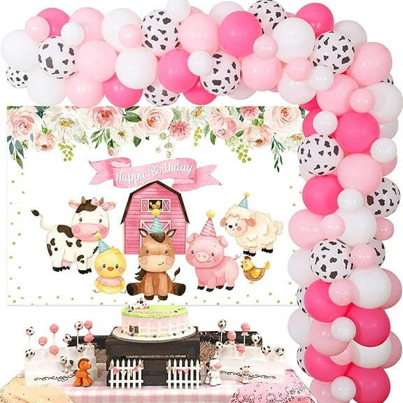 Pink Cow Farm Theme Birthday Decorations: Pink Barn Backdrop, Cow Head & Animal Print Balloons for Girls Birthday Party