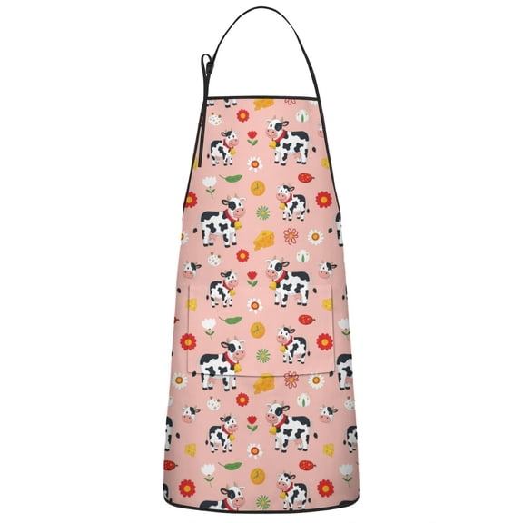 Pink Cow Flower Cow Pattern Apron-Garden Aprons for Women with Pockets-Cotton Linen Waterproof Kitchen Cooking Gardening Aprons Adjustable for Kitchen,Cooking,BBQ and Salon 33x27 Inch