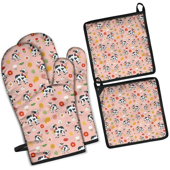Pink Cow Flower Cow Pattern Kitchen Oven Mitt and Pot Holder Sets 4 Pcs for Baking, Cooking and Grilling, Heat Resistant Up To 392 °F