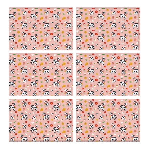 Pink Cow Flower Cow Pattern Summer Placemats Table Placemats Set Of 6-Linen Kitchen Washable Placemats Table Mats 11.8"x17.7" Non-Slip Heat Resistant