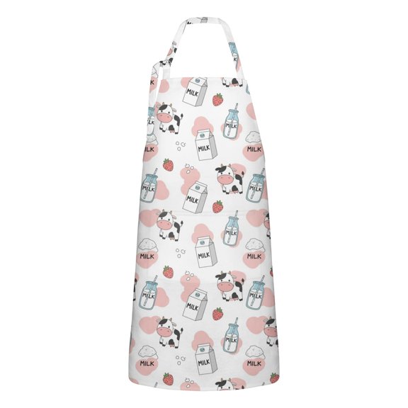 Pink Cow Milk Pattern Apron-Garden Aprons for Women with Pockets-Cotton Linen Waterproof Kitchen Cooking Gardening Aprons Adjustable for Kitchen,Cooking,BBQ and Salon 33x27 Inch