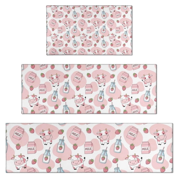 Pink Cow Milk Strawberry Jar Pattern Kitchen Rugs Sets Of 3,Kitchen Runner Rugs Non Skid Washable,Decorative Kitchen Floor Mats for Kitchen,Sink,Laundry,17"x30"+ 17"x47" + 17"x59"