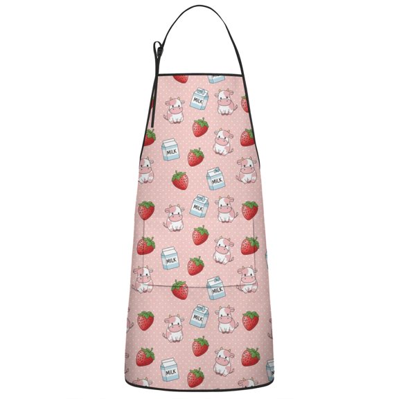 Pink Cow Milk Strawberry Pattern Apron-Garden Aprons for Women with Pockets-Cotton Linen Waterproof Kitchen Cooking Gardening Aprons Adjustable for Kitchen,Cooking,BBQ and Salon 33x27 Inch
