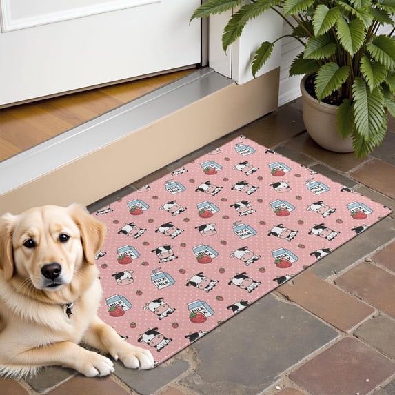 Pink Cow Milk Strawberry Pattern Door Rugs,Washable Non Slip Door Mats Indoor,Decorative Door Mats,Entry Mat Indoor for Entrance,Bedroom,Kitchen,Bathroom,16"x24"