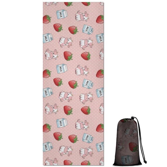 Pink Cow Milk Strawberry Pattern Hot Yoga Mat Towel Non Slip for Hot Yoga - Quick-Drying Yoga Mat Cover with 4 Corner Pockets with Travel Bag - Hot Yoga Towel Non Slip 74"x26"