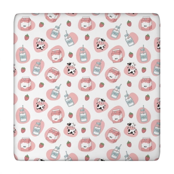 Pink Cow Milk Strawberry Pattern Square Fitted Tablecloth with Elastic Edge,Square Table Cover,Washable Elastic Table Cover for Home Kitchen Party Decor 34"x34"