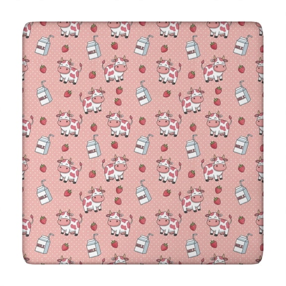 Pink Cow Milk Strawberry Pattern Square Fitted Tablecloth with Elastic Edge,Square Table Cover,Washable Elastic Table Cover for Home Kitchen Party Decor 34"x34"