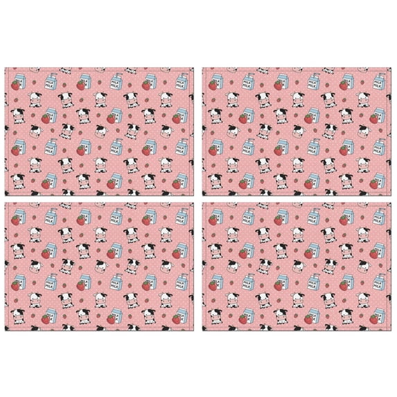 Pink Cow Milk Strawberry Pattern Summer Placemats Table Placemats Set Of 4-Linen Kitchen Washable Placemats Table Mats 11.8"x17.7" Non-Slip Heat Resistant