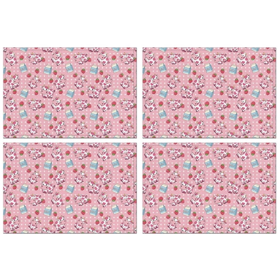 Pink Cow Milk Strawberry Pattern Summer Placemats Table Placemats Set Of 4-Linen Kitchen Washable Placemats Table Mats 11.8"x17.7" Non-Slip Heat Resistant