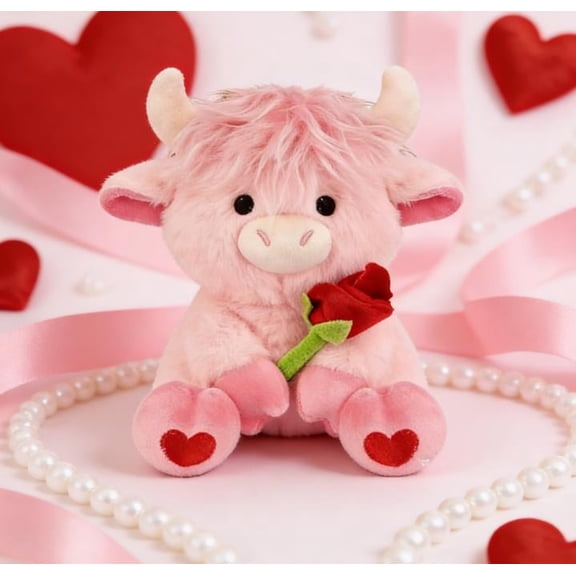 Pink Cow Plush Toy, Valentines Soft Highland Cow Stuffed Animal with Rose, Kawaii Fluffy Farm Cow Plushies, Stuffed Decor Gifts for Kids Adults Girlfriends Lover