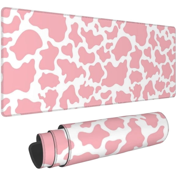 Pink Cow Print Extended Mouse Pad 31.5x11.8 Inch XL Strawberry Cow Texture Pattern Non-Slip Rubber Base Large Gaming Mousepad Stitched Edges Waterproof Keyboard Mouse Desk Pad for Office Home