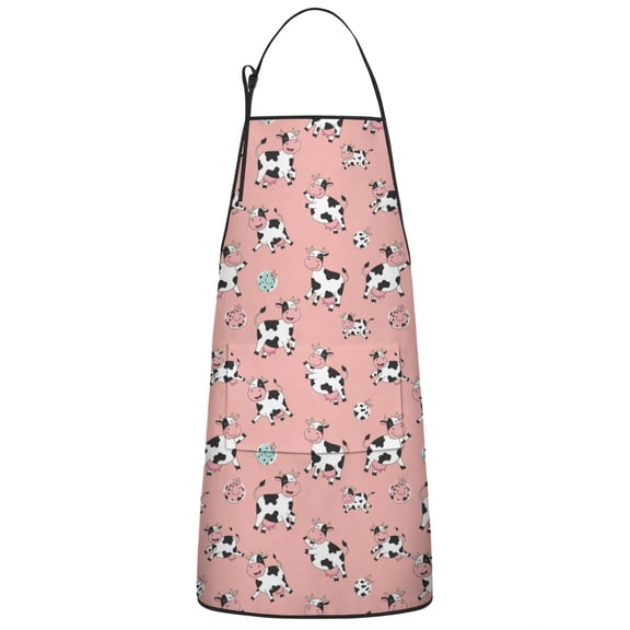 Pink Cow Spotted Pattern Apron-Garden Aprons for Women with Pockets-Cotton Linen Waterproof Kitchen Cooking Gardening Aprons Adjustable for Kitchen,Cooking,BBQ and Salon 33x27 Inch