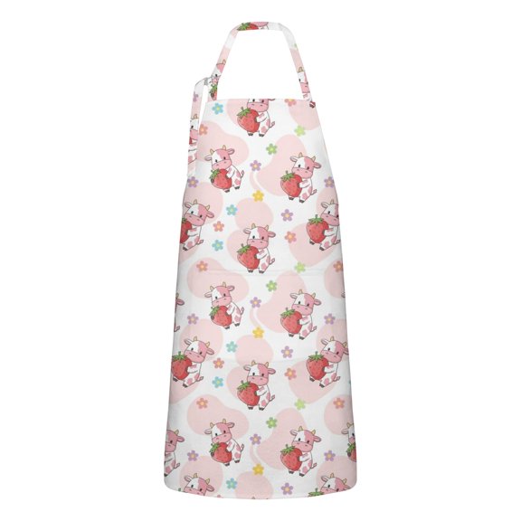 Pink Cow Strawberry Flower Pattern Apron-Garden Aprons for Women with Pockets-Cotton Linen Waterproof Kitchen Cooking Gardening Aprons Adjustable for Kitchen,Cooking,BBQ and Salon 33x27 Inch