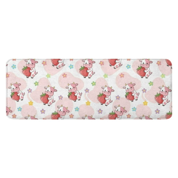 Pink Cow Strawberry Flower Pattern Kitchen Rug Mat,Kitchen Runner Rugs Non Skid Washable,Decorative Kitchen Floor Mats for Kitchen,Sink,Laundry,17"x47.2"