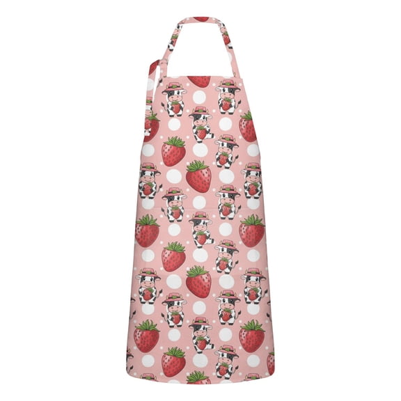 Pink Cow Strawberry Hat Pattern Apron-Garden Aprons for Women with Pockets-Cotton Linen Waterproof Kitchen Cooking Gardening Aprons Adjustable for Kitchen,Cooking,BBQ and Salon 33x27 Inch