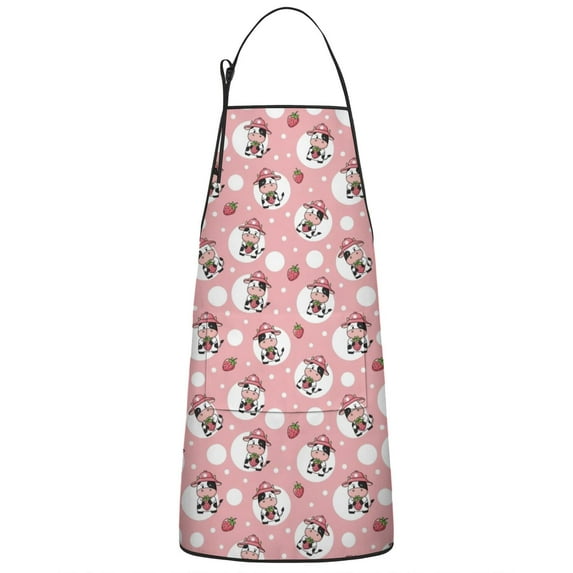 Pink Cow Strawberry Hat Pattern Apron-Garden Aprons for Women with Pockets-Cotton Linen Waterproof Kitchen Cooking Gardening Aprons Adjustable for Kitchen,Cooking,BBQ and Salon 33x27 Inch